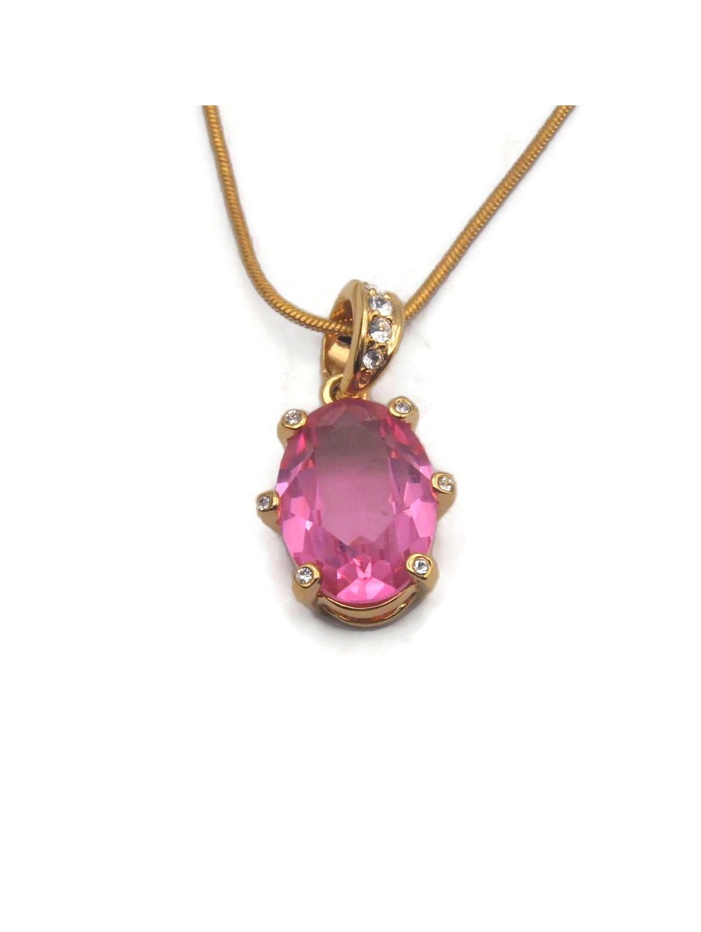 VTG Gold Tone, Pink Acrylic & Clear Stones Faceted Pendant Necklace, 18" Chain.